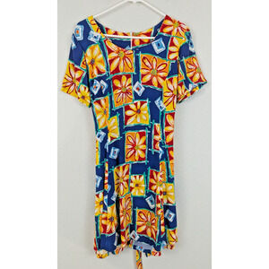 Vintage Big Hed Designs sz L Dress a-line ties ss colorful floral print 0517